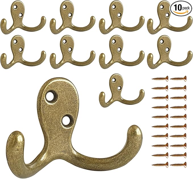CBWLWJ 10 Pack Coat Hooks Wall Hooks for Hanging, Heavy Duty Double Prong Metal Hook Wall Mounted for Living Room, Bathroom, Kitchen, Bedroom for Coat, Bag, Scarf, Towel, Hat, Key, Cup (Bronze)