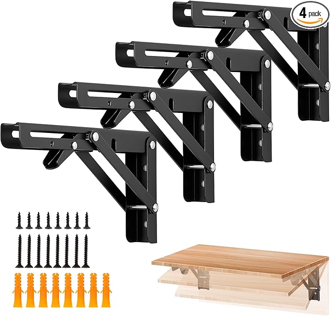 Ravinte 4 Pack 8 Inch Folding Shelf Brackets – Matte Black, Heavy Duty Collapsible Brackets for Tables and Benches – Space-Saving Design