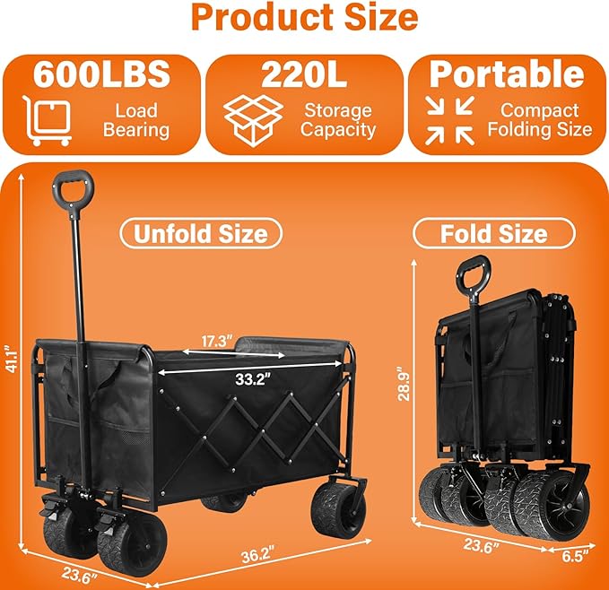Extra-Large Heavy-Duty Wagons carts Foldable with 600-lbs Capacity & Giant 4" All-Terrain Tank Wheels – Ideal for Beach, Camping, Grocery Hauling and Outdoor Adventures