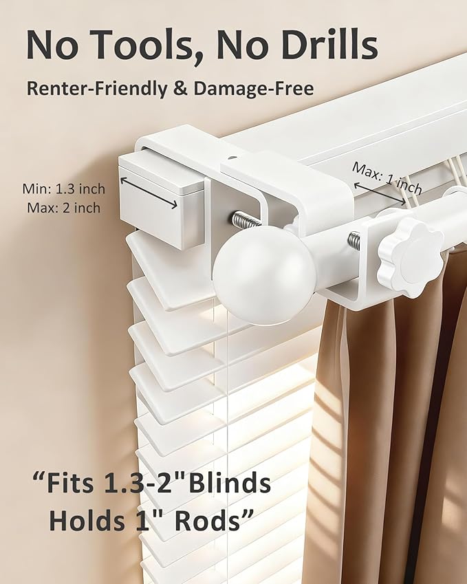 Mimiio No Drill Curtain Rod Brackets for Outside-Mount Blinds, Tool-Free Over-Blind Curtain Rod Holders, Fits 1-2" Rectangular Headrails, No Wall Damage, Renter Friendly Window Hardware, 4 Pack, White