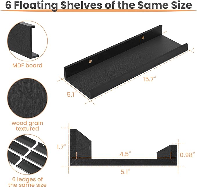 upsimples Floating Shelves for Wall, Wall Shelves for Decor Storage Set of 6, Wall Mounted Wood Shelf for Bedroom, Living Room, Bathroom, Kitchen, Picture Ledge Shelf, Black