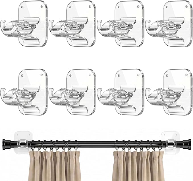 No Drill Curtain Rod Brackets - 20LB, 8 Pack Self Adhesive Curtain Rod Holder, Peel and Stick Wall Hooks, Renter Friendly Upgrades for Apartment, Kitchen, Bathroom, Dorm, Living Room and RV