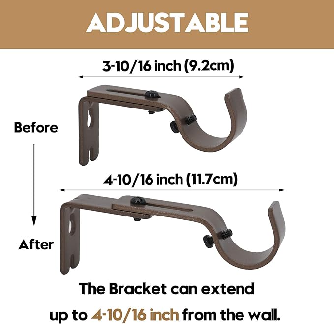 AddGrace Adjustable Curtain Rod Bracket Fits up to 1 inch Curtain Rod Sturdy Premium Brackets for Wall Set of 2 Brown