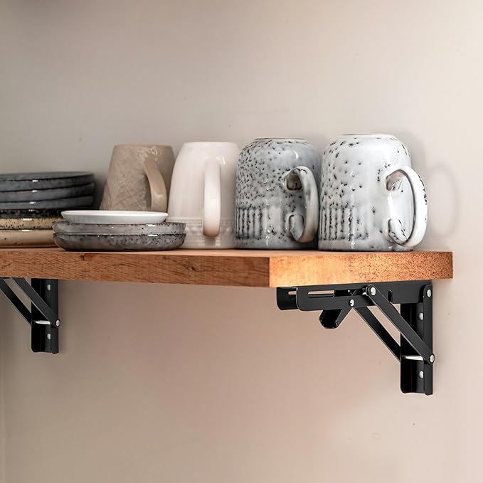 Ravinte 4 Pack 22 Inch Folding Shelf Brackets – Matte Black, Heavy Duty Collapsible Brackets for Tables and Benches – Space-Saving Design