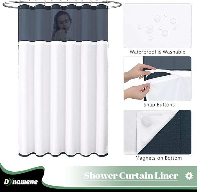 Dynamene Fabric Shower Curtain with Snap in Liner, Navy Blue Waffle Hotel Shower Curtains for Bathroom, Washable Waterproof Cloth Shower Curtain Liner Set with Plastic Hooks, Mesh Top Window, 72x72