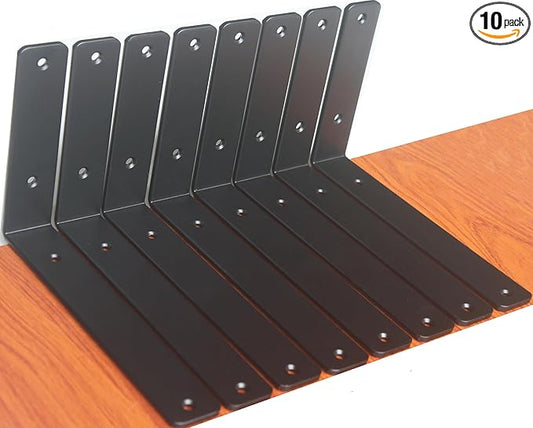10 Pack - L 9" x H 6" x W1.5, 5mm Thick Black L Shelf Bracket, Iron Shelf Brackets, Metal Shelf Brackets, Floating Shelf, Shelf Supports with Screws
