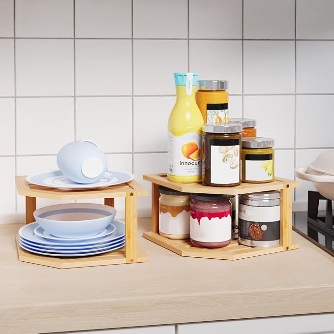 Bamboo Corner Shelf(2 Pack),2 Tier Plate Organizer for Cabinet and Countertop,Pantry Dish and Spice Rack for Kitchen