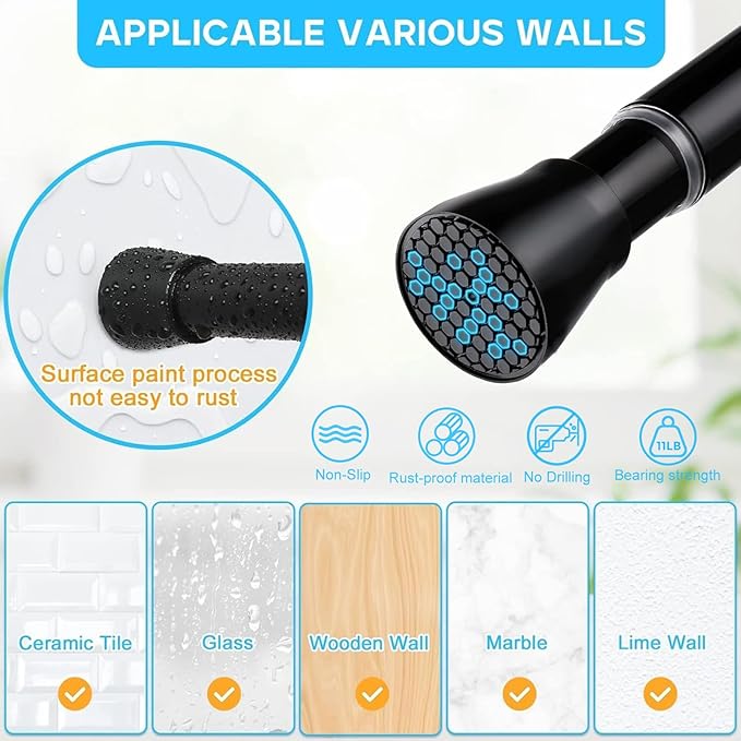 2 Pack Black Tension Curtain Rod for Windows 28 to 48 Inch,7/8"Small Shower Curtain Rod for Bathroom,Pressure Spring Tension Curtain Rod No Drilling for Closet Doorway Kitchen