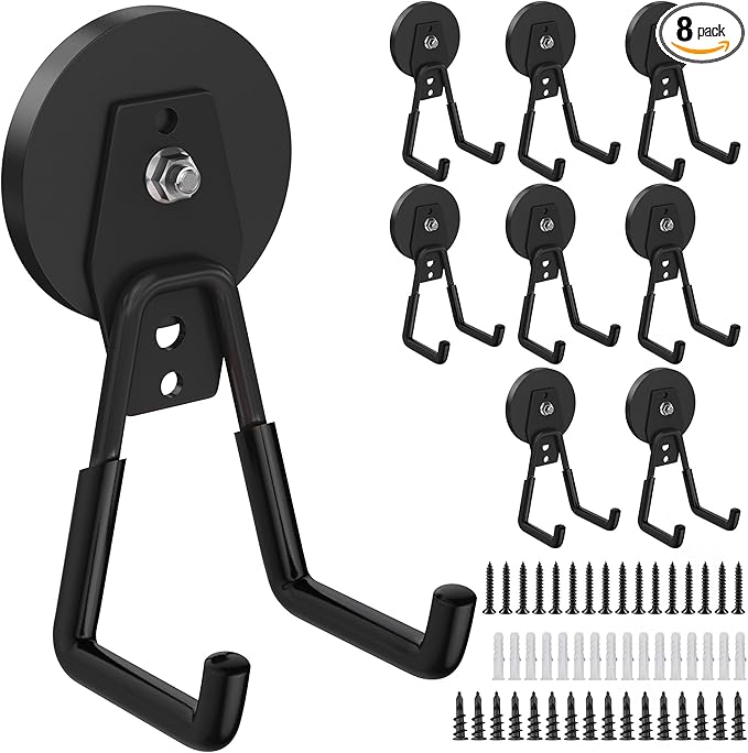 8 Pack Heavy Duty Storage Magnetic Utility Hooks Large Garage Strong Extra Magnet Hooks Hanger with Anti-Slip Coating Heavy Duty Magnetic Hooks for Hanging Power Dril Garage Garden Tools Black