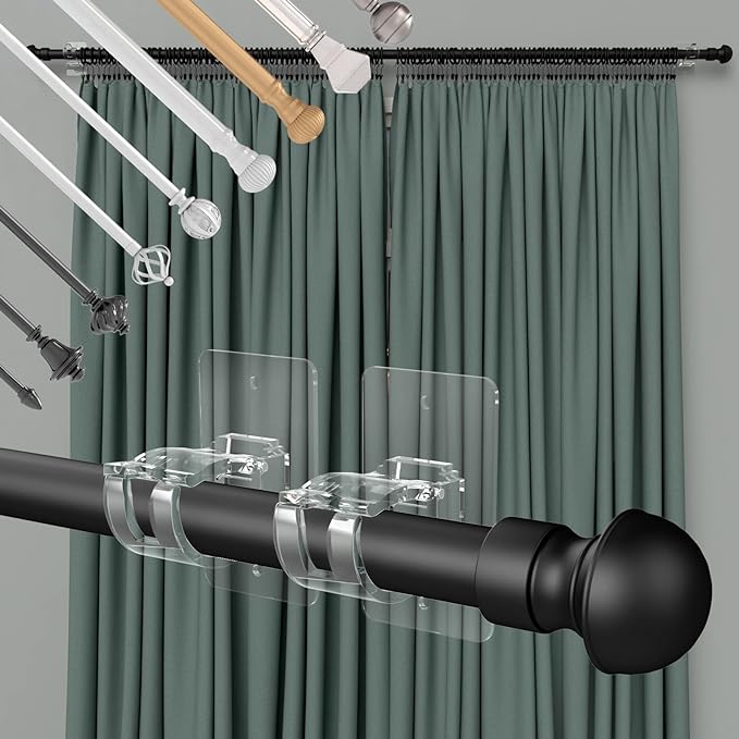 CIEMGNZOC 8PCS No Drill Curtain Rod Brackets, Self-Adhesive Curtain Rods No Drilling, Nail Free Adjustable Curtain Rod Holders, Curtain Hooks for Rod Less Than 1.57 Inch Diameter (Transparent)