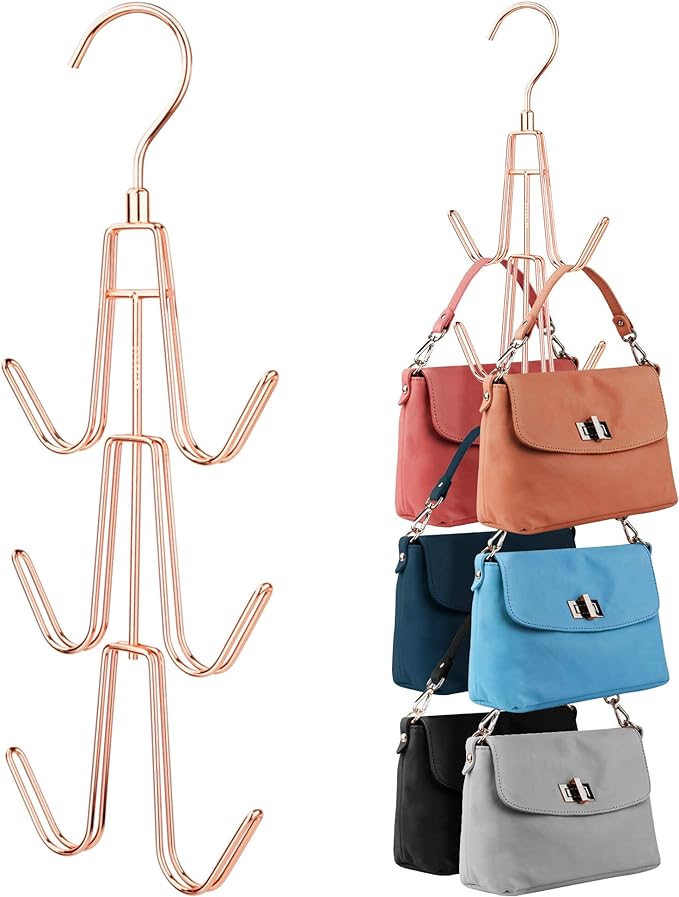 ZEDODIER 2 Pack Purse Organizer for Closet, Heavy-Duty Hanging Purse Hanger Closet Holds Up to 12 Purses, Metal Rotating Space Saving Bag Holder Handbag Storage Hook Backpack Rack, Rose Gold