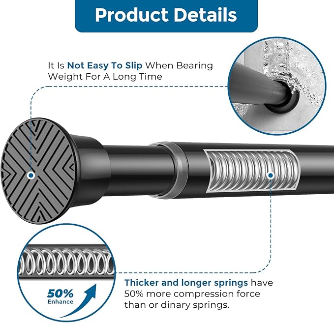 AIZESI 2Pcs Black Adjustable Tension Curtain Rod, 31-63 Inch Spring No Drill Stainless Steel Shower Rods for Bathroom，Closet ，Window–Rust Resistant，Non-Slip