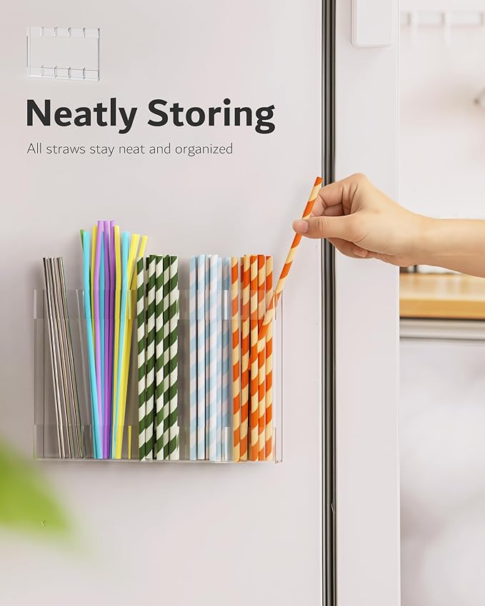 Magnetic Acrylic Straw Holder for Fridge - 5 Slot Sturdy Kitchen Organizer, Adhesive-Free Refrigerator Storage for Metal, Glass, Silicone Straws & Utensils (Clear-Magnetic Type-5C)