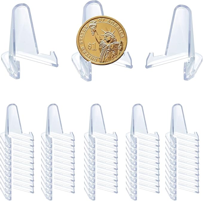 50 PCS Acrylic Display Holder Clear Display Easel Stands for Coins Capsules Phone Medals Stones Cards (Small)
