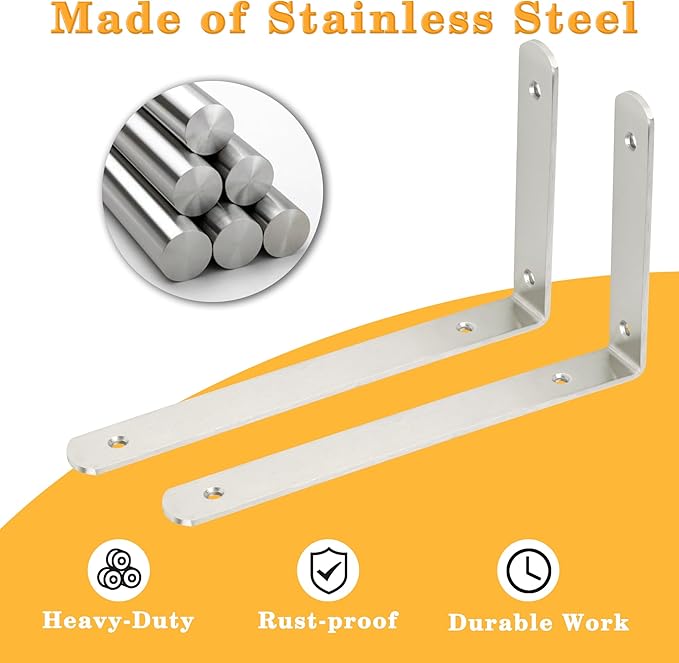 Alise Floating Shelf Brackets,L Brackets for Shelves Heavy Duty Wall Bracket Corner Brace Stainless Steel Joint Angle Brackets for Wooden Board Shelves,Brushed,12x6.3x1.2 Inch Upgraded(Pack of 4)