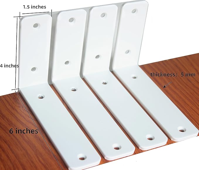 8 Pack - L 6" x H 4" x W1.5, 5mm Thick White L Shelf Bracket, Iron Shelf Brackets, Metal Shelf Bracket, Industrial Shelf Bracket, Floating Shelf Bracket, Shelf Supports with Screws
