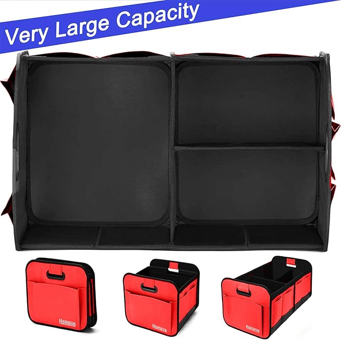 Homeve Trunk Organizer, Car Storage, Reinforced Handles, Collapsible Multi-Compartment, Foldable, Waterproof, Sturdy, 600D Oxford Polyester For Car, SUV, Mini-Van, Red, 2 Compart | Collapsible