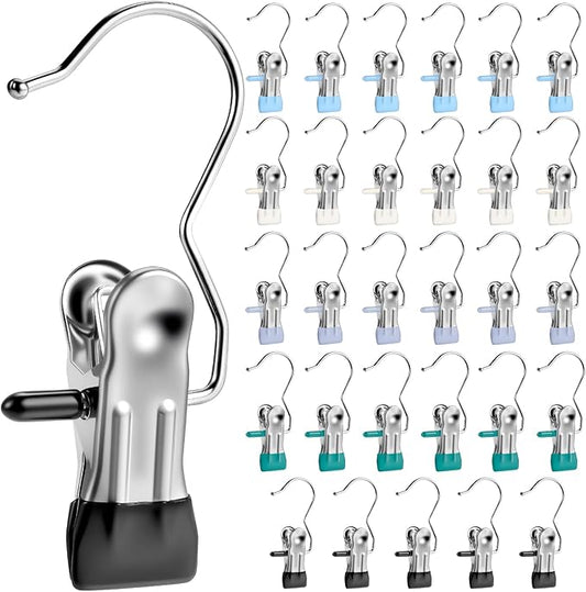Senbowe 30 Pack Heavy Duty Clothes Pins, Boot Hangers for Closet, Laundry Hook Hanging Clips Clamps for Closet Organizer Pants Hats Socks Towels Clips, Clothespins Hanger for Travel Handbag Legging