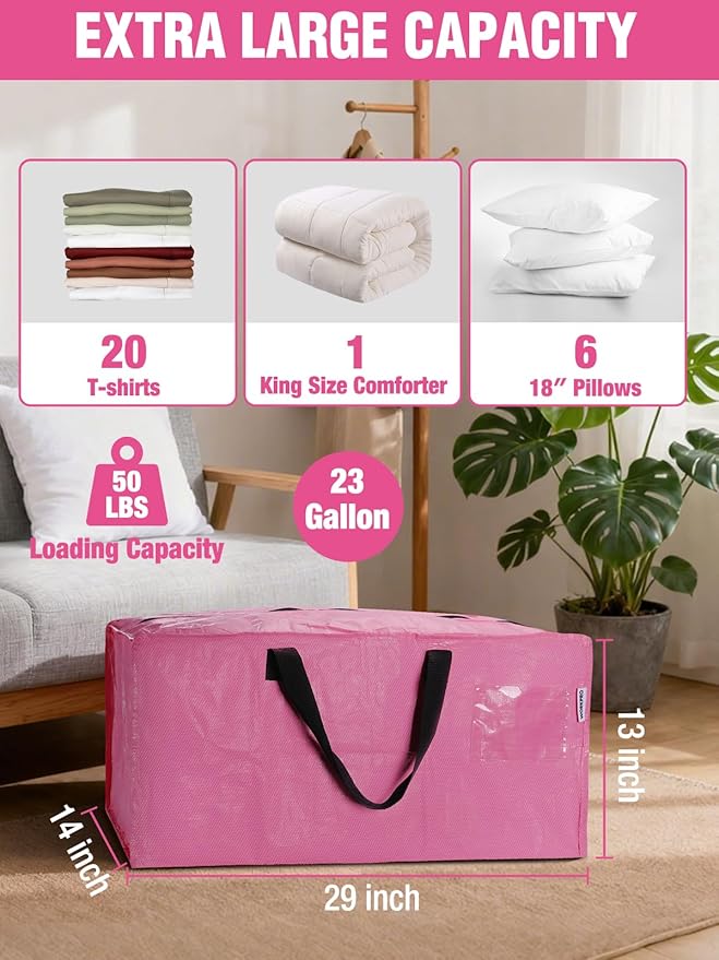 WORKPRO 8 Pack Extra Large Moving Bags with Zippers & Carrying Handles Backpack Straps, Heavy-Duty Storage Tote for Space Saving Moving Storage (Pink)