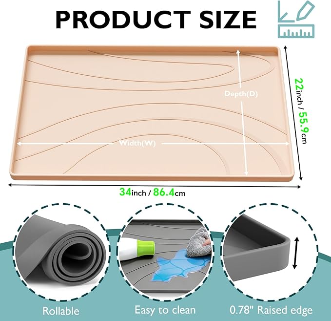 Under Sink Mat 34" x 22", Silicone Under Sink Liner for Kitchen and Bathroom, Waterproof Cabinet Protector Drip Tray, Protects Cabinets from Leaks and Spills