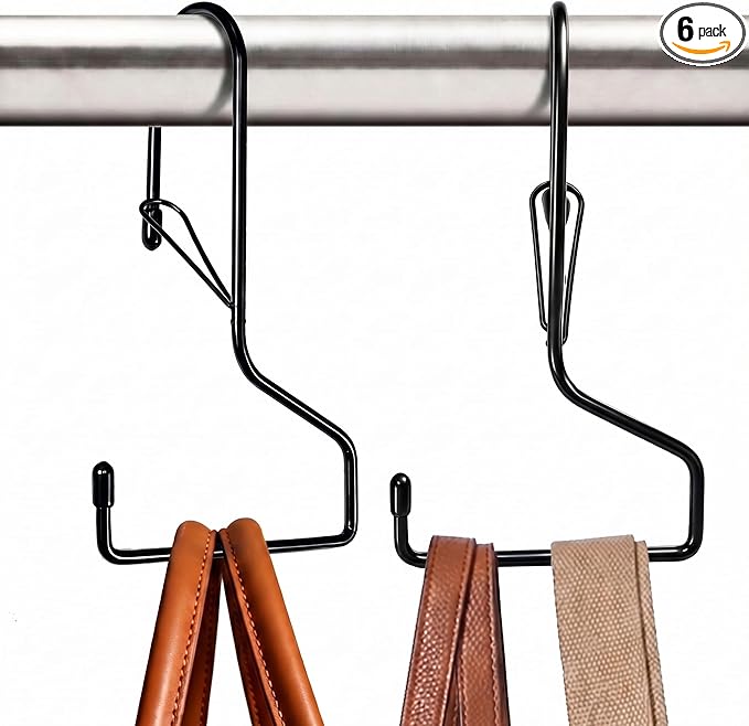 6 Inch Large Closet Rod Hooks with Safety Buckle, Unique Twist Design, Purse Hooks for Max 1.3 Inch Closet Rod. Hanging Clothes, Purse, Kitchen Utensils, Pots. (Black, 6 Pack)