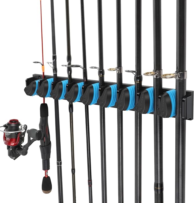 PLUSINNO Vertical Fishing Rod Holder, Wall Mounted Fishing Rod Rack, Fishing Pole Holder Holds Up to 9 Rods or Combos, Fishing Rod Holders for Garage, Fishing Gear and Gifts for Men