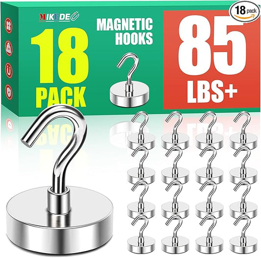 MIKEDE Magnetic Hooks,Strong Magnets Hooks Heavy Duty, Extra Strong Cruise Hook for Hanging,Industrial Metal Refrigerator Hooks for Cruise Cabins, Fridge, Kitchen, Grill-18 Pack-85lbs