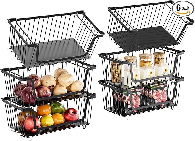 GAOKASE 6 Pcs Stackable Wire Baskets for Pantry Organizers and Storage,Vegetable Fruit Basket for Countertop,Kitchen Storage Metal Baskets,Produce Potato Onion Storage Bin,Black