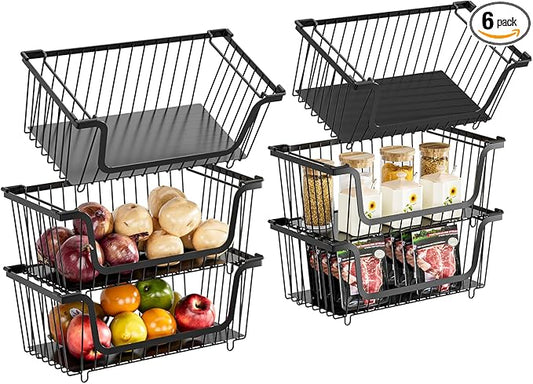 GAOKASE 6 Pcs Stackable Wire Baskets for Pantry Organizers and Storage,Vegetable Fruit Basket for Countertop,Kitchen Storage Metal Baskets,Produce Potato Onion Storage Bin,Black