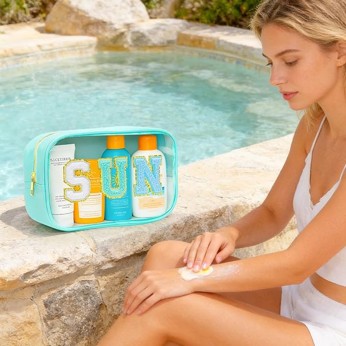 Mothers Day Teacher Appreciation Gifts Clear Sunscreen Bag Pouch for Beach Bag, Personalized Waterproof Sun Makeup Bag For Pool,Beach Toiletry Cosmetic Bag Preppy Beach Summer Vacation Essentials Bag
