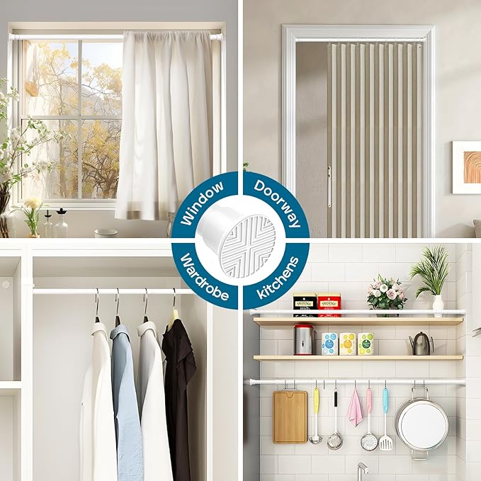 AIZESI White Adjustable Tension Curtain Rod, 31-63 Inch Spring No Drill Stainless Steel Shower Rods for Bathroom，Closet ，Window–Rust Resistant，Non-Slip