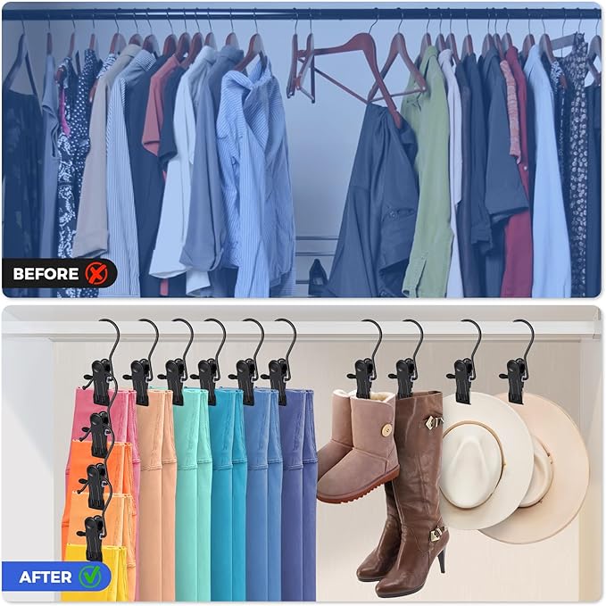30 Pcs Boot Hangers Clips for Closet, Heavy Duty Legging Organizer for Closet Hanging Pants Hangers with Clips Clothes Pins Hanger Clips Laundry Hooks Bra Towel Socks Hats Tall Boots Home Travel Black