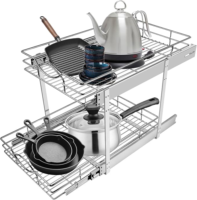 Sikarou Pull Out Cabinet Organizer 20" W x 21" D 2-Tier Individual Slide Out Drawer Pantry Shelf Storage for Kitchen Base Cabinet Organization for Kitchen, Bathroom, Pantry, Chrome