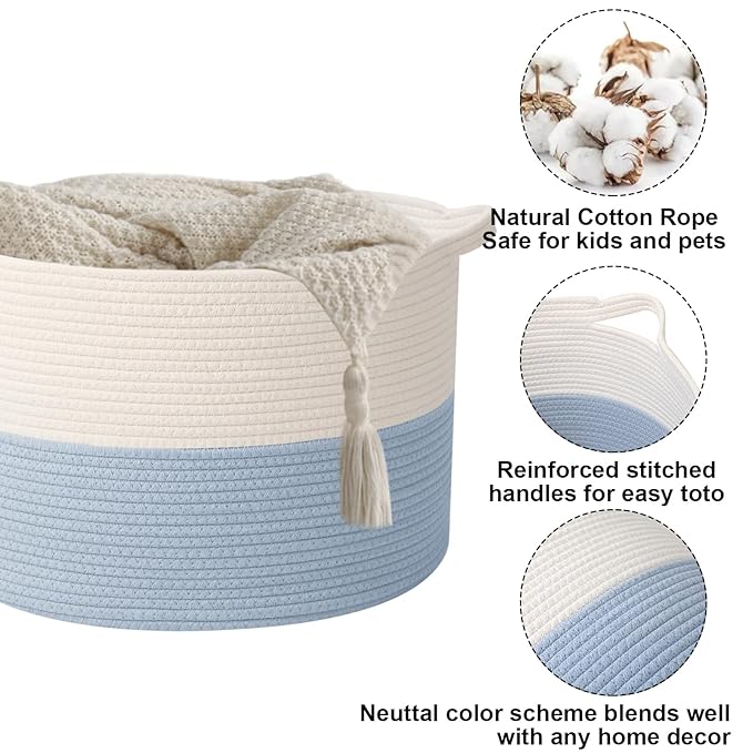 115L Large Blanket Basket,23.6" L x 23.6" W x 15.7" H Rope Woven Baskets with Handles, Toys Storage Bins,Laundry Basket Perfect for Living Room, Nursery,Bedroom,Home Organization,White&Blue