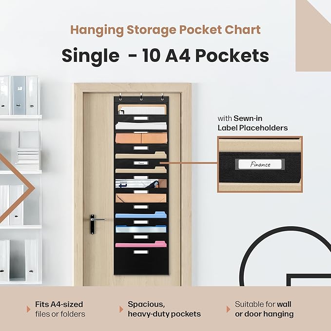 Black Pocket Chart for Classroom - 10 Pocket Storage Rainbow Pocket Charts , 3 Over Door Hangers Included, Hanging Wall File Organizer for File Folders, School Mailbox, Home/Office Papers