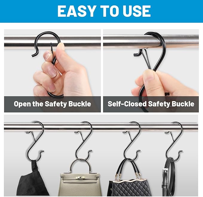 FSAH 35 Pcs S Hooks for Hanging Safety Buckle, 3.5 Inch Stainless Steel S Shaped Locking Hooks for Colleague Dorm, Kitchen, Plants Pots Towels Bags, Black