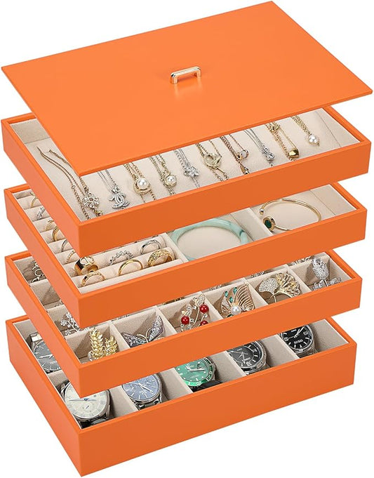 Voova Stackable Jewelry Organizer Tray with Lid, PU Leather Jewelry Storage Holder for Drawer Inserts, Jewellery Display Box Case for Earring Necklace Ring Watch Bracelet (Set of 4, Orange)