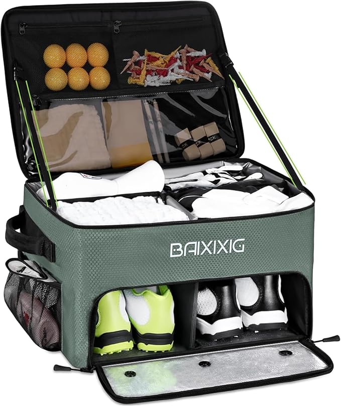 Golf Trunk Organizer, Waterproof Car Golf Locker with Separate Ventilated Compartment for 2 Pair Shoes, Golf Storage for Balls, Tees, Cap, Clothes, Gloves, Accessories, Gifts for Men, Women