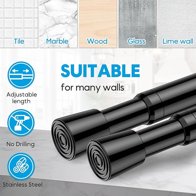AIZESI Spring Tension Curtain Rod 32 to 58 inch Adjustable Curtain Rods No Drilling Expandable Spring Loaded Curtain Rod for Windows Doors, Black
