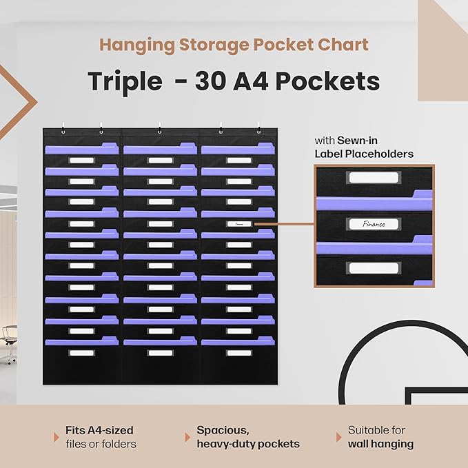 Hippo Creation Heavy Duty Storage Pocket Chart for Classroom, 30 Pocket Storage Organizer with 5 Over-Door Hangers, Hanging Wall Organizer for File Folders, School Mailbox, Home Office Papers - Black
