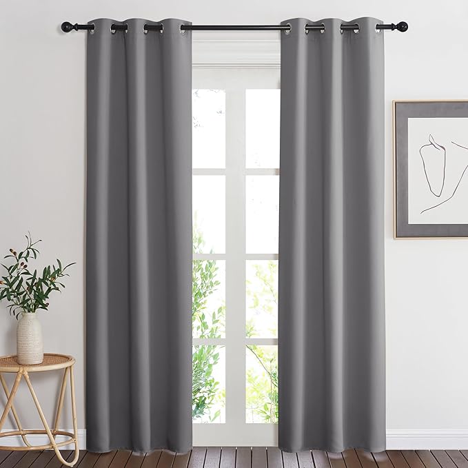 NICETOWN Gray Curtain Blackout Drape Panel, Single Panel, 34 x 84 inch, Grey, 3 Pass Microfiber Noise Reducing Thermal Insulated Window Drapery with Grommet