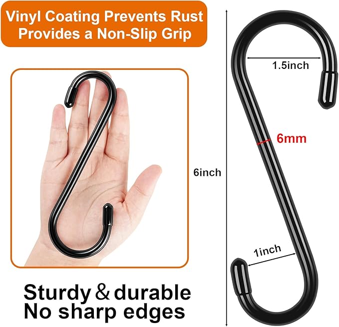 10 Pack 6 Inch Heavy Duty S Hooks, Vinyl Coated Large S Hook for Hanging Plants, Non Slip Black S Shaped Hanging Hooks for Closet, Jeans, Bags, Pot Pans, Wire Shelf Rack, Bird Feeders, Garage, Tools