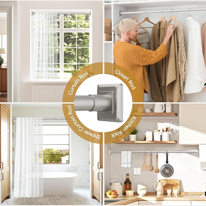 Brushed Nickel Tension Curtain Rod Adjustable Shower Curtain Rods 30-76 In Spring No Drilling or Screw Installation Shower Rod for Bathroom Shower Bar for Closet Kitchen with Brackets