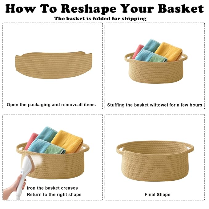 Small Woven Rope Basket-Empty Gifts Basket with Bag and Ribbons,Cute Handle Organizer Box for Birthday/Baby Shower, Toy Storage, Nursery Organizing & Shelf Decor(Yellow)