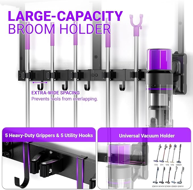Heavy Duty Broom Holder Wall Mount with Cleaning Supplies Organizer, Space-Saving Laundry Room Organization and Storage Shelves, All-Metal Mop Hanger Broom Rack with Hooks, Garage Organizer Shelf