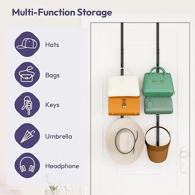 SWTYMIKI Over the Door Purse Organizer - 2 Packs Wall Mounted Purse Rack with 5 Hooks Design, Hanging Handbag Organizer Storage Holds up to 10 Bags, Bag Rack for Closet, Door (Black)