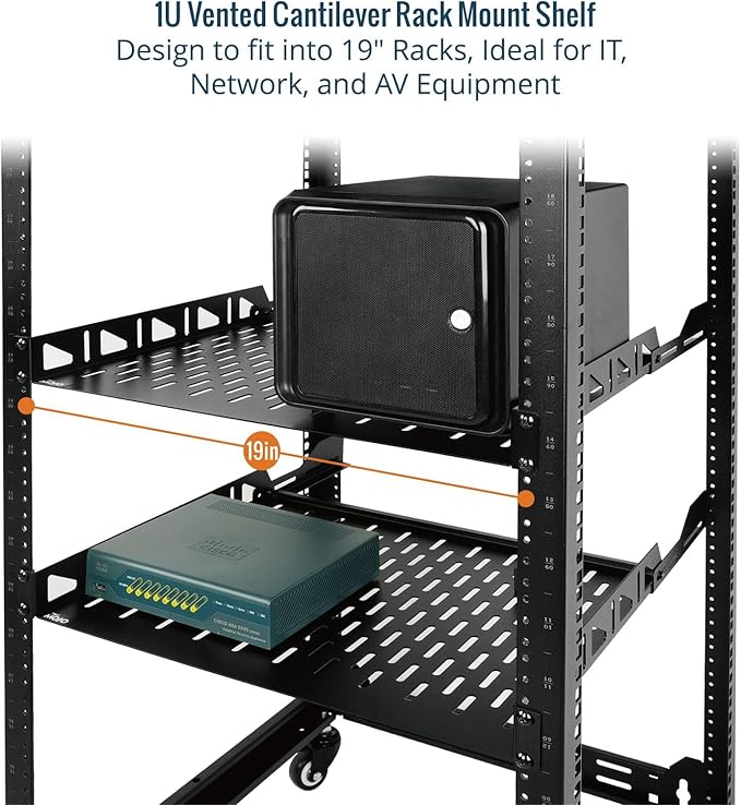 Tecmojo Server Rack Shelf, 1U Rack Shelf 10in Depth, Rack Mount Shelf with Anti-Slip Stops, 110lbs Weight Capacity of Vented Network Rack Shelf for Data/AV/IT/Audio Racks, with Lip(2 Pack), Black