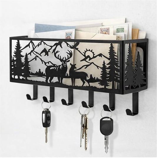 Deer Metal Wall Mail Organizer Wall Mounted Key and Mail Holder Mail Basket Hanging Mail Sorter and Key Organizer for Entryway Bedroom Bathroom Kitchen