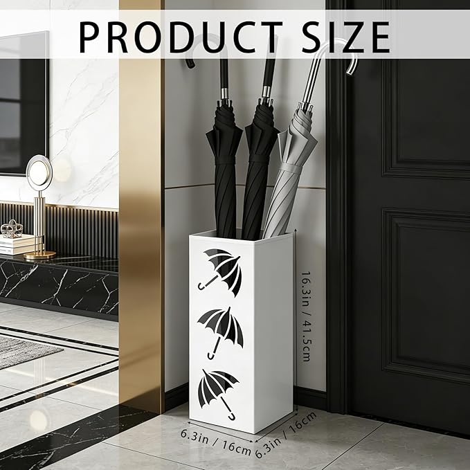 Metal Umbrella Holder, Square Freestanding Umbrella Stand Bucket Storage Indoor for Entryway, 6.3 x 6.3 x 16.3 Inch (White)