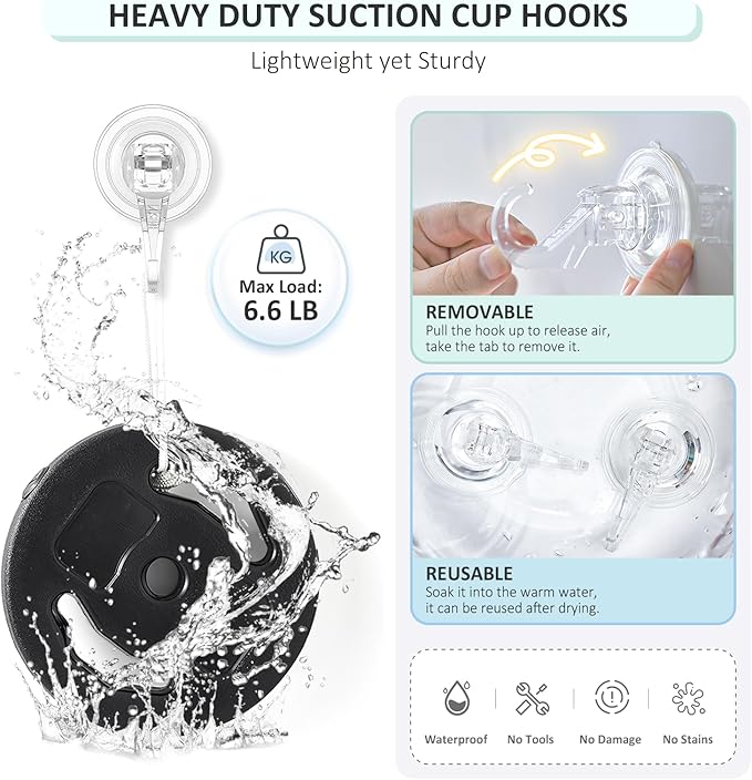 VIS'V Suction Cup Hooks, Small Shower Suction Hooks, Heavy Duty, Removable and Reusable, Clear, 6 Pcs